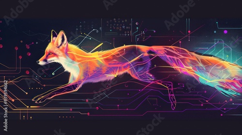 Cybernetic Fox Running Through a Circuitry Landscape