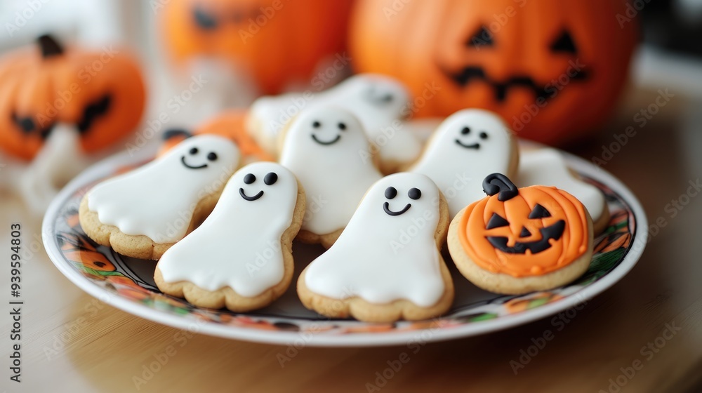 Ghostly Treats: Halloween Cookies Decorated with Smiling Faces Ghostly Treats: Halloween Cookies Decorated with Smiling Faces