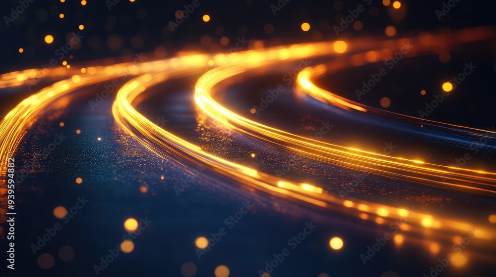 Glowing light trails creating an abstract, winding path on a deep background, evoking the sense of a road at night. Glowing light trails creating an abstract, winding path on a deep background, evoking the sense of a road at night.