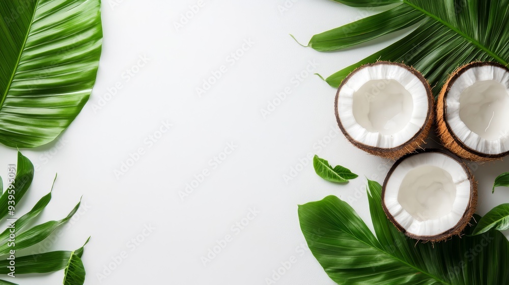 Three coconut halves with white flesh, placed on a white background with palm leaves, symbolizing tropical paradise, freshness, healthy living, and the beauty of nature. Three coconut halves with white flesh, placed on a white background with palm leaves, symbolizing tropical paradise, freshness, healthy living, and the beauty of nature.