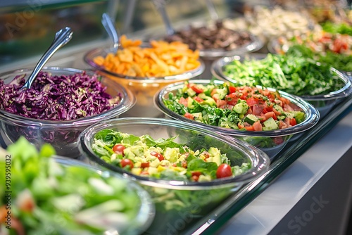 A variety of salads are displayed in clear bowls on a counter