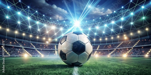 The Game is On A Soccer Ball in a Stadium with a Network of Lights, 3D Render, Stadium, Soccer, Network, Lights