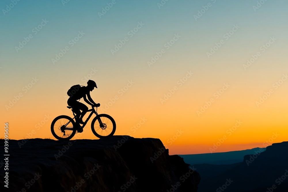 Silhouette of A man is riding a bike on a mountain trail Silhouette of A man is riding a bike on a mountain trail