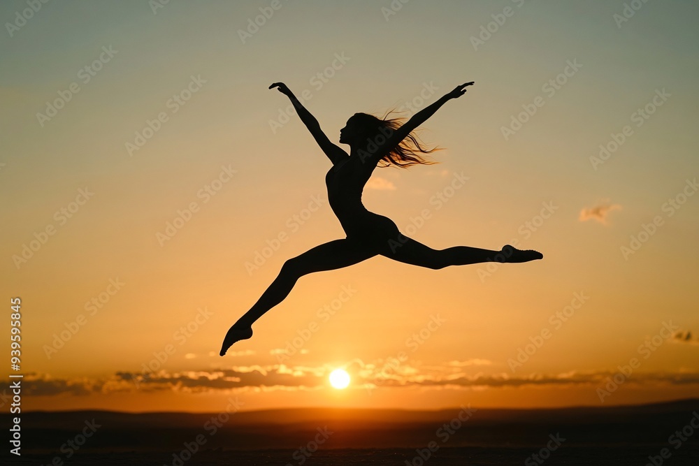 Silhouette of A woman is doing a jump in the air with the sun in the background Silhouette of A woman is doing a jump in the air with the sun in the background