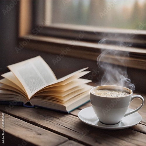 An open book and a cup of coffee on a table.