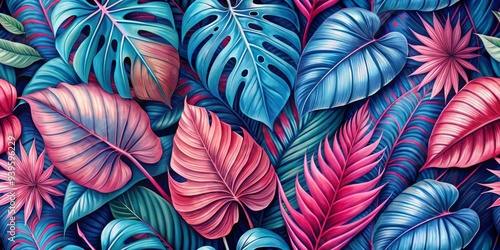 Tropical Leaf Collage - Digital Painting - Blue and Pink Leaves, Tropical, Botanical, Artwork, Nature