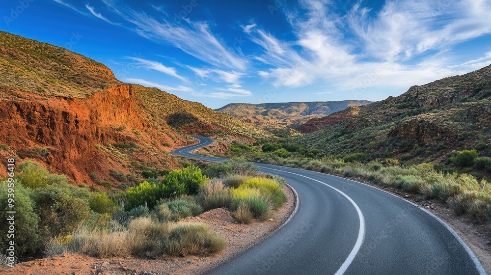 Mountains and desert, winding road and wilderness, sun. Mountains and desert, winding road and wilderness, sun.