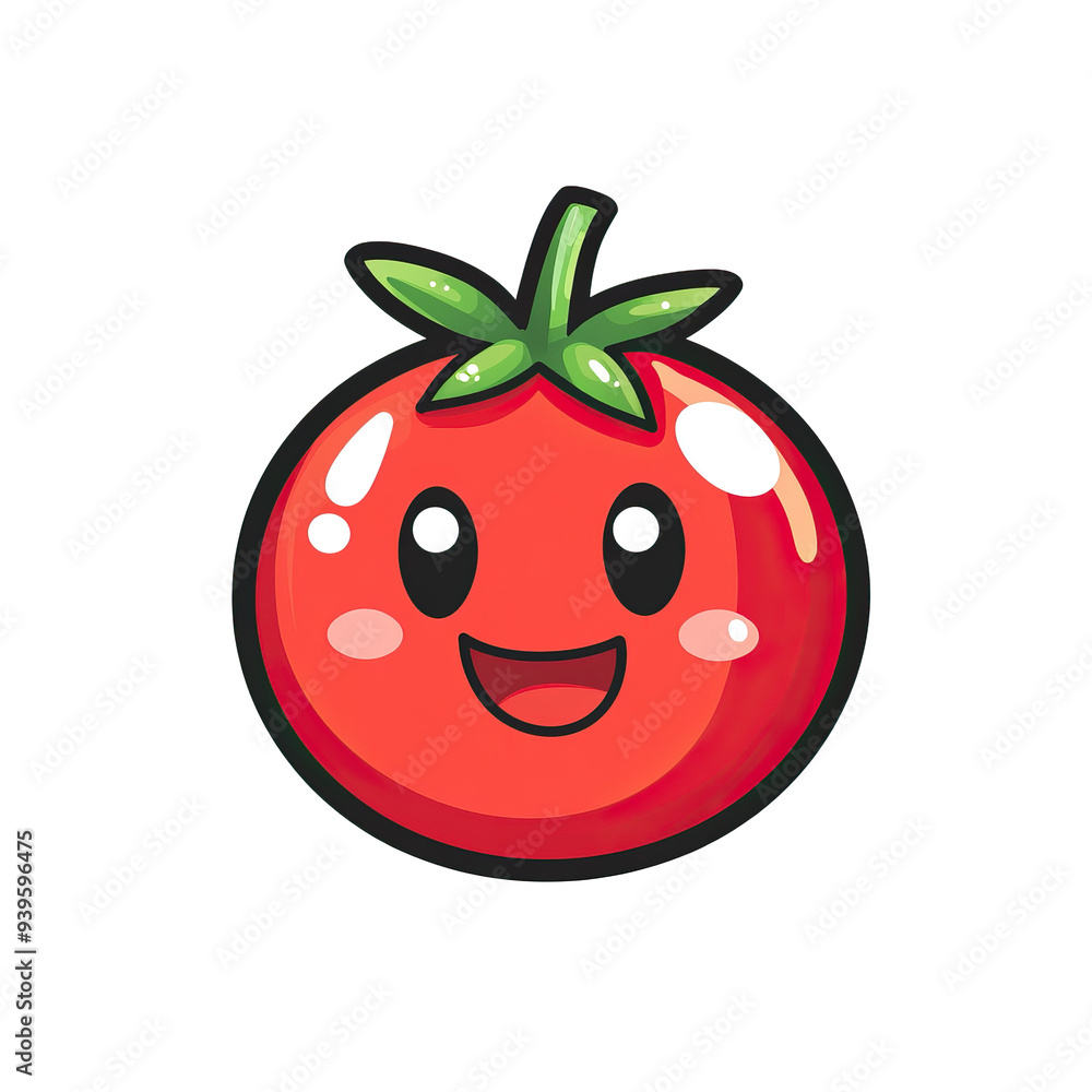 This image features an adorable, smiling tomato with a shiny red surface and green leaves, perfect for use in playful or food-related design projects. This image features an adorable, smiling tomato with a shiny red surface and green leaves, perfect for use in playful or food-related design projects.