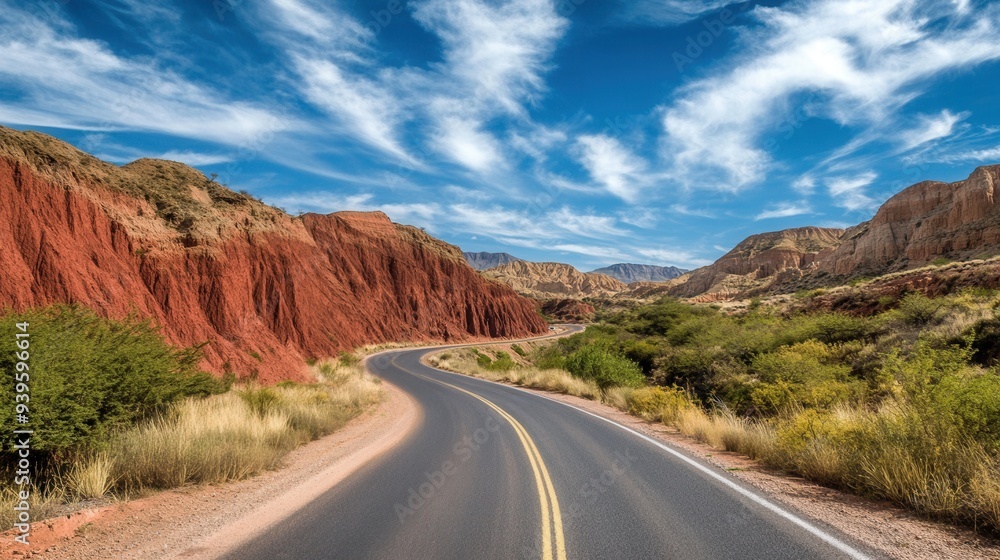 Winding desert road in the mountains, wilderness, sunlight. Winding desert road in the mountains, wilderness, sunlight.