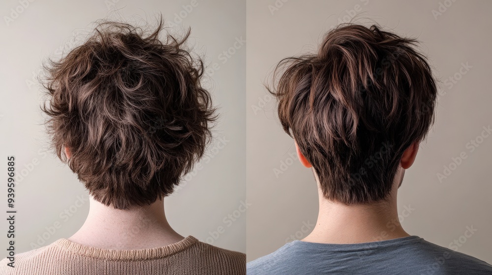 A person's hair is styled in two different ways, highlighting the contrast between a messy, voluminous look on the left and a more sleek appearance on the right, captured indoors A person's hair is styled in two different ways, highlighting the contrast between a messy, voluminous look on the left and a more sleek appearance on the right, captured indoors