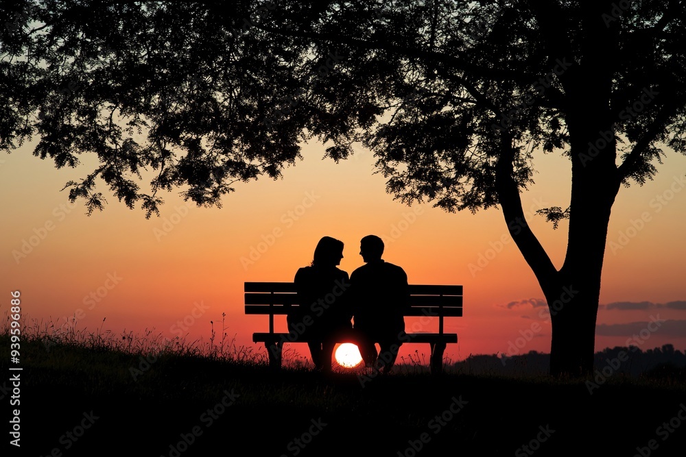 Silhouette of A couple is sitting on a bench in a park, looking at the sun as it sets Silhouette of A couple is sitting on a bench in a park, looking at the sun as it sets