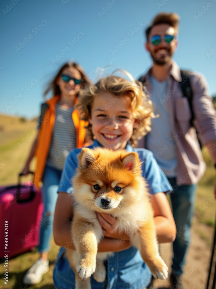 A joyful boy with wavy hair holds a small, cute dog during a family adventure outdoors, with other family members in the background enjoying a sunny day, creating a lively and cheerful scene. A joyful boy with wavy hair holds a small, cute dog during a family adventure outdoors, with other family members in the background enjoying a sunny day, creating a lively and cheerful scene.