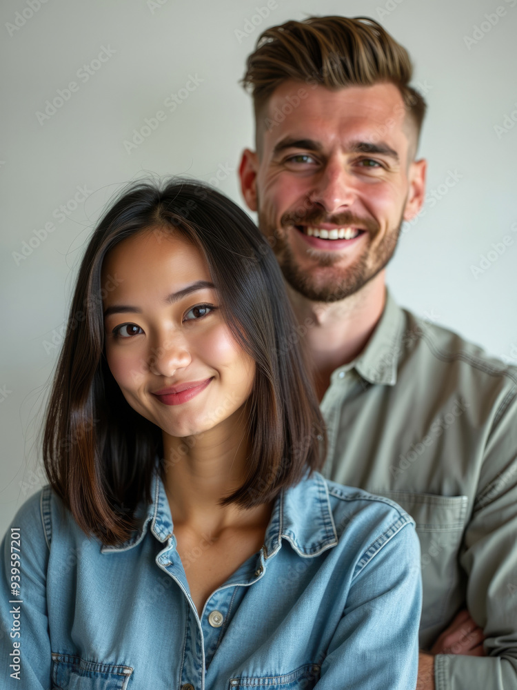 A cheerful woman with chin-length hair and a man with styled short hair pose together, smiling brightly. Their happiness and togetherness radiate through this lively and joyful photograph. A cheerful woman with chin-length hair and a man with styled short hair pose together, smiling brightly. Their happiness and togetherness radiate through this lively and joyful photograph.