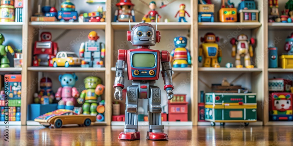 Naklejka premium Vintage Robot Toy in a Toy Shelf, Toy Robot, Vintage Toy, Retro Toy, Robot Toy