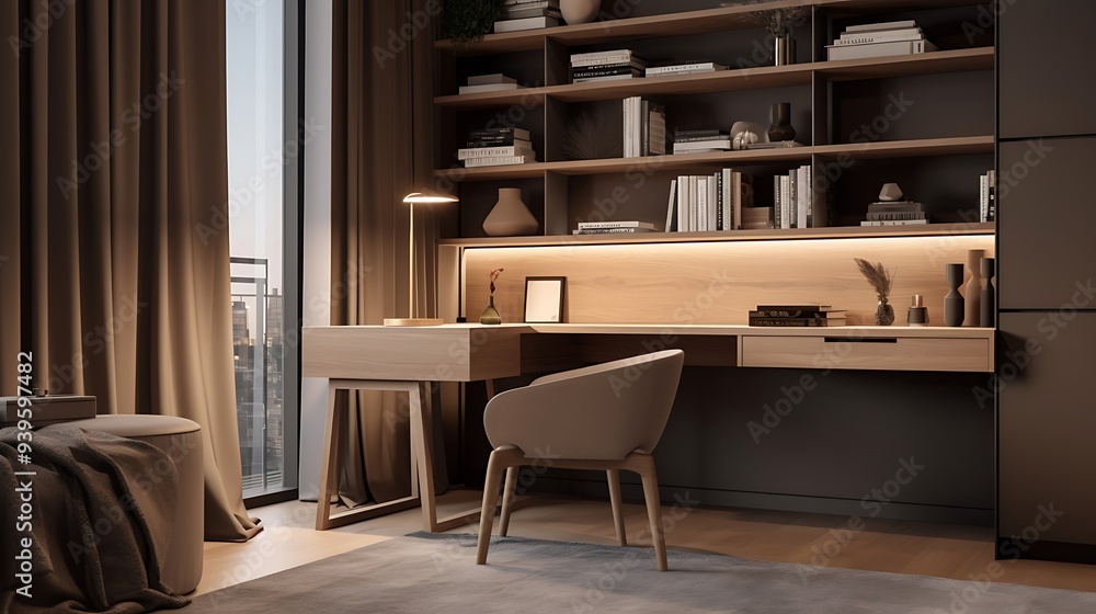 A sophisticated and cozy study corner with warm lighting and books
