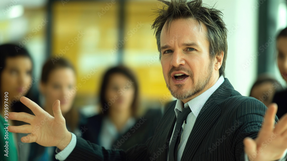 A dynamic businessman is passionately gesturing while speaking in a modern office setting, indicating a presentation or discussion, characterized by expressive and engaging communication. A dynamic businessman is passionately gesturing while speaking in a modern office setting, indicating a presentation or discussion, characterized by expressive and engaging communication.