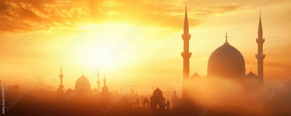 Obraz premium A beautiful sunrise casting a warm glow over a cityscape featuring domes and minarets, creating a serene and mystical atmosphere.
