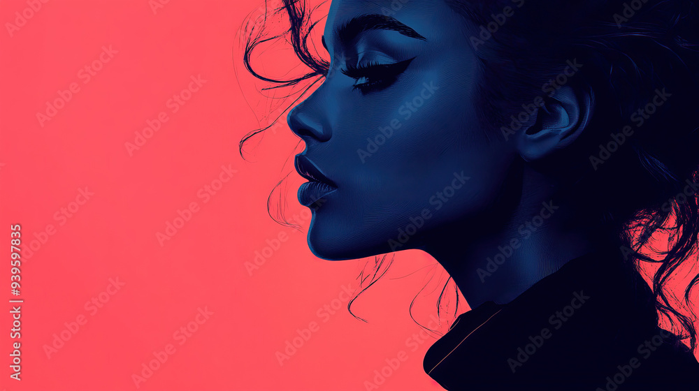 Featuring the silhouette of a woman with detailed curly hair set against a vivid red gradient background, this image presents a strong contrast and a modern artistic style. Featuring the silhouette of a woman with detailed curly hair set against a vivid red gradient background, this image presents a strong contrast and a modern artistic style.