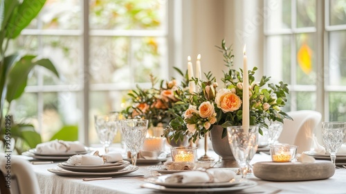 Wallpaper Mural A beautifully arranged birthday dinner table features floral centerpieces, candles, and elegant tableware in a warm indoor atmosphere Torontodigital.ca