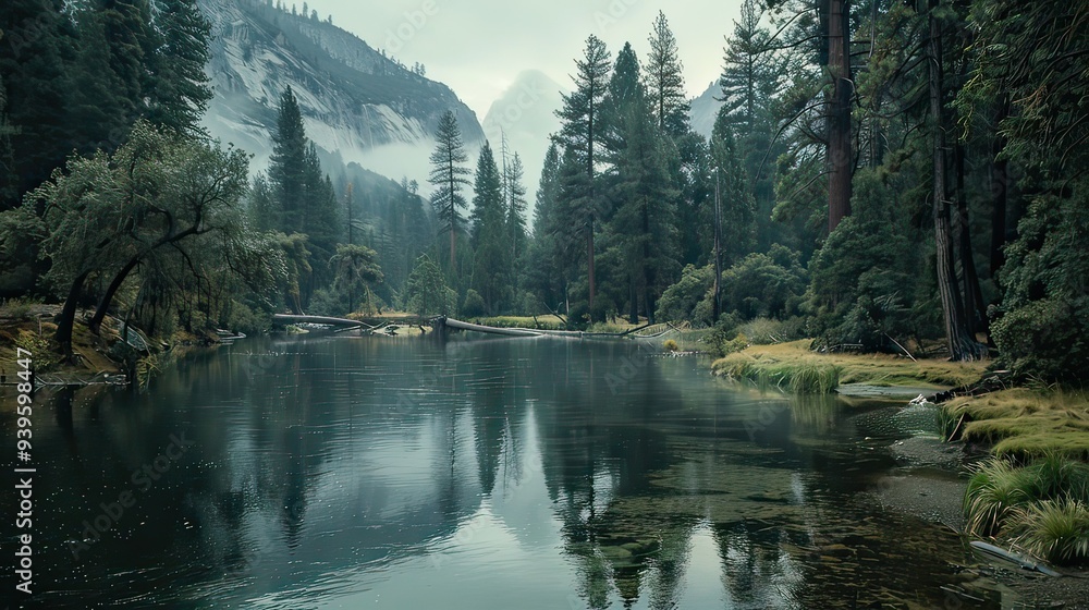 Peaceful river winding through Yosemite Valley with surrounding trees. Peaceful river winding through Yosemite Valley with surrounding trees.