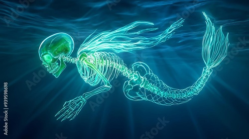 Halloween Mermaids hair Skeleton mermaid with eerie glow, dark abyssal waters, 3D illustration photo