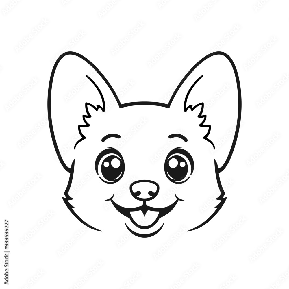 Corgi black line drawing on white background. Cute smiling dog face icon or logo. Corgi black line drawing on white background. Cute smiling dog face icon or logo.