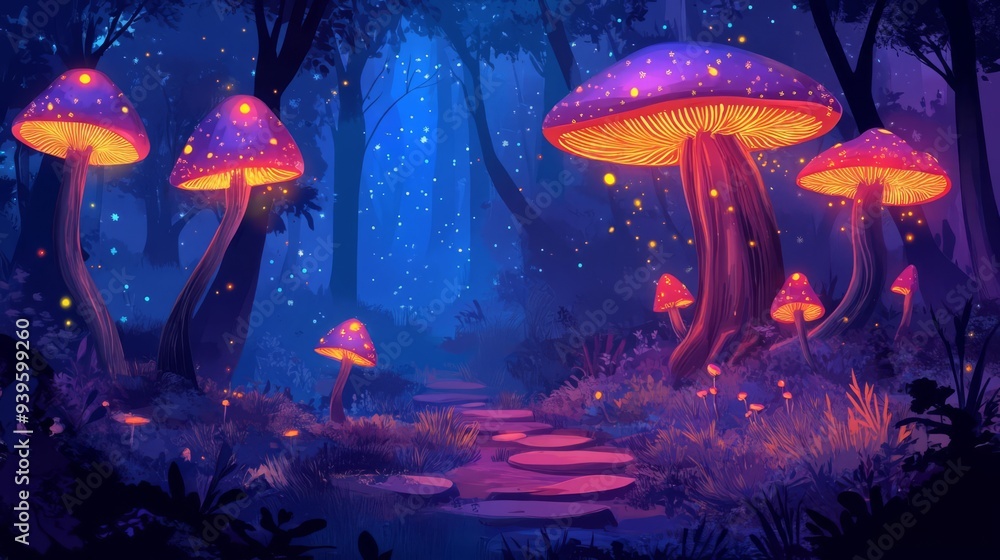 Enchanted forest with glowing mushrooms and mystical trees, magical atmosphere, flat design illustration Enchanted forest with glowing mushrooms and mystical trees, magical atmosphere, flat design illustration