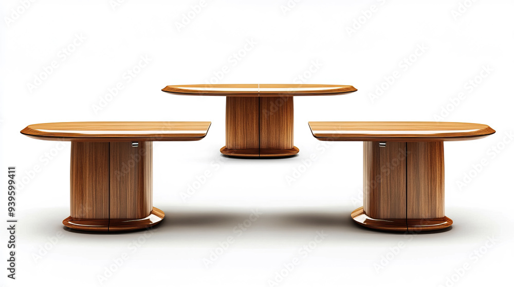 A trio of polished wooden tables, each with smoothly curved edges, are set against a white background, showcasing their warm, natural tones and elegant contemporary design. A trio of polished wooden tables, each with smoothly curved edges, are set against a white background, showcasing their warm, natural tones and elegant contemporary design.