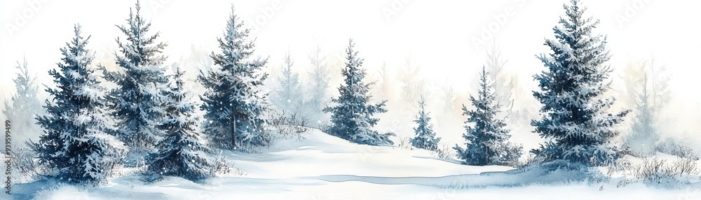 Obraz premium Watercolor illustration of a snowy winter scene, clipart, frosty trees and gentle snowfall, isolate on white background