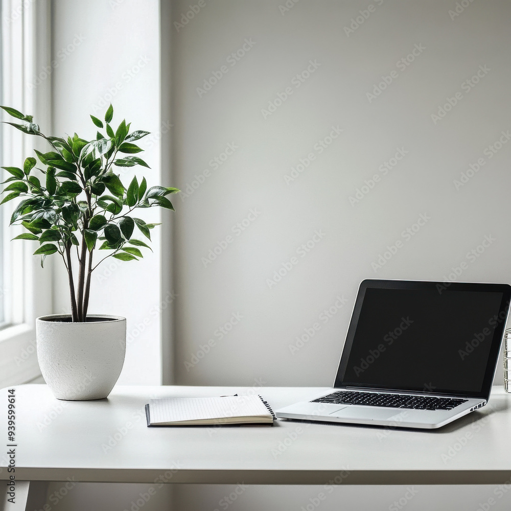 A minimalist workspace with a clean desk, an open notebook, a laptop, and a plant for a touch of green A minimalist workspace with a clean desk, an open notebook, a laptop, and a plant for a touch of green