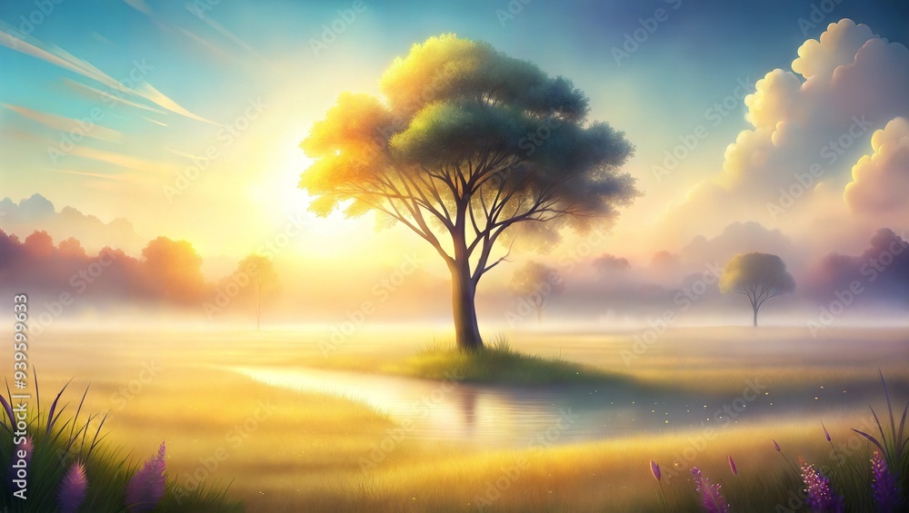 Majestic Lone Tree in Golden Foggy Meadow at Sunrise Majestic Lone Tree in Golden Foggy Meadow at Sunrise
