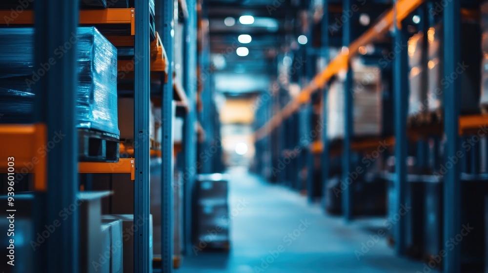A spacious warehouse with stacked pallets and shelving, designed for storage and logistics. A spacious warehouse with stacked pallets and shelving, designed for storage and logistics.