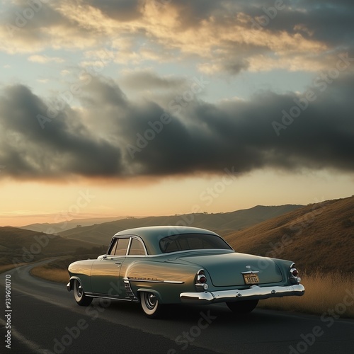 Vintage car driving on a winding road at sunset, evoking nostalgia and tranquility in a serene rural landscape