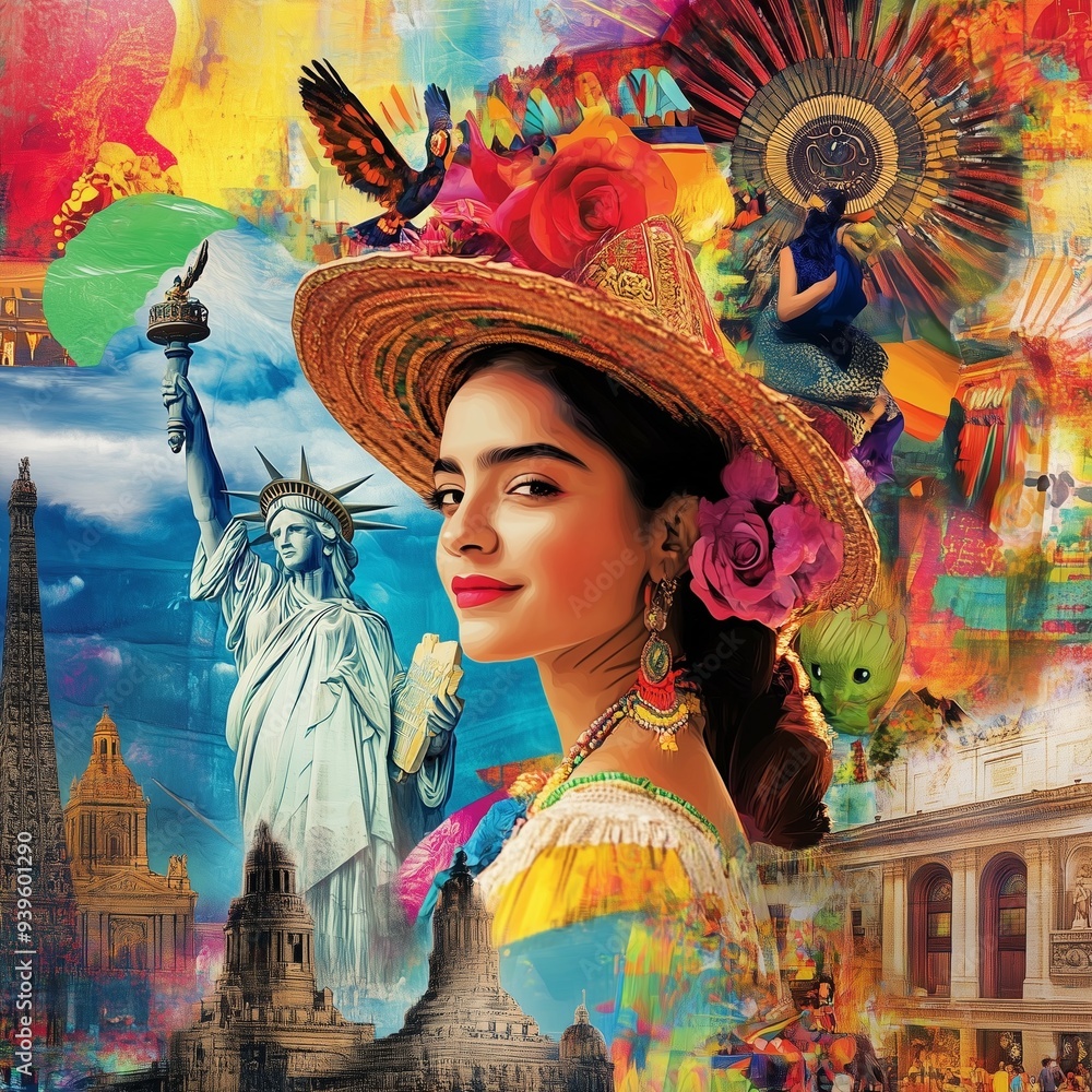 Fototapeta premium Colorful cultural collage featuring a woman in traditional attire with iconic landmarks