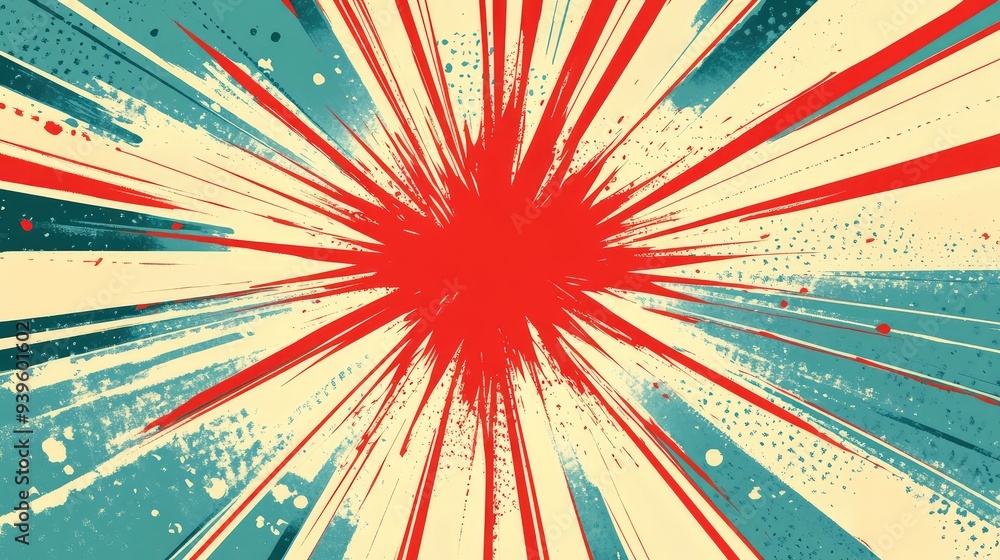 Fototapeta premium Energetic comic burst featuring a red starburst, radiating sharp lines and dotted patterns in blue and cream tones.
