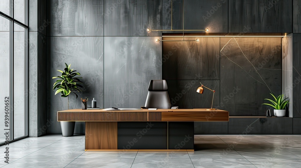 Executive office with a large desk and leather chair. Executive office with a large desk and leather chair.