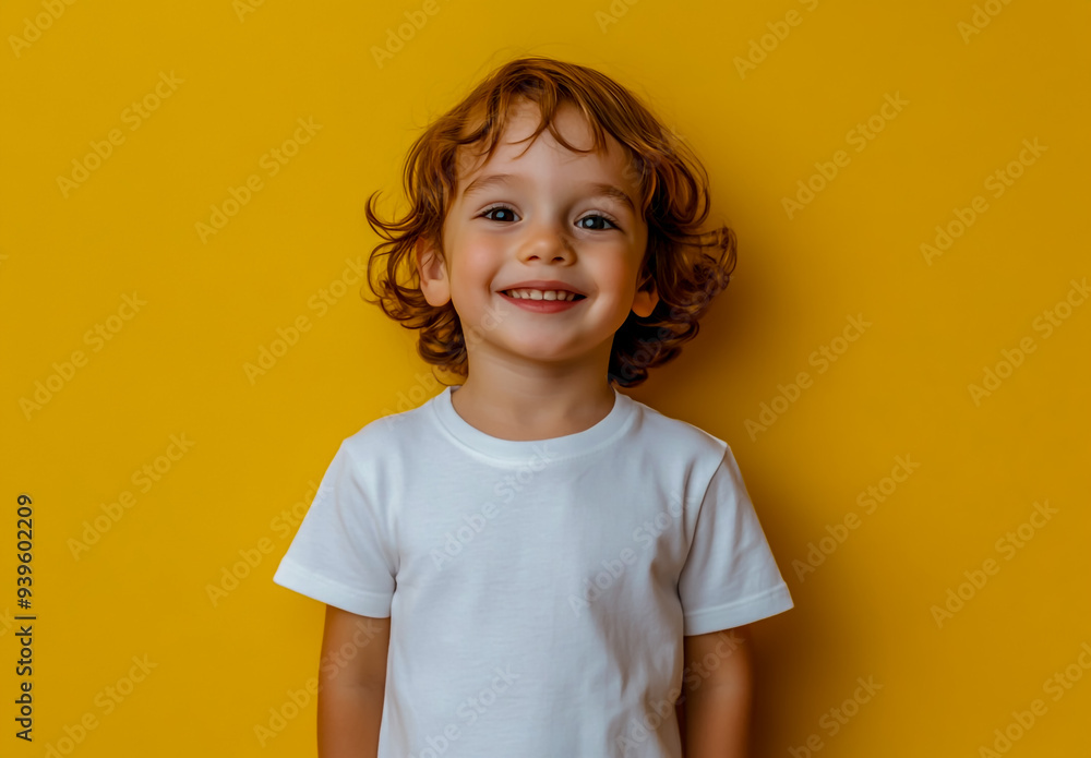 A happy, smiling little boy wearing a white t-shirt, standing against a yellow background A happy, smiling little boy wearing a white t-shirt, standing against a yellow background