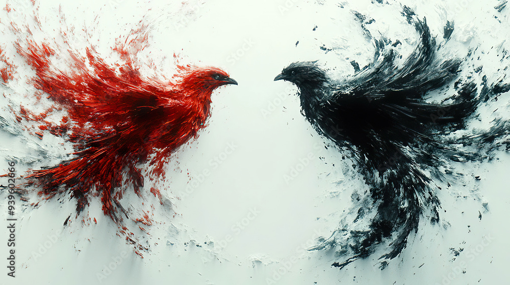 A red and black bird in a dynamic artistic painting with brush strokes. Generated by AI. A red and black bird in a dynamic artistic painting with brush strokes. Generated by AI.