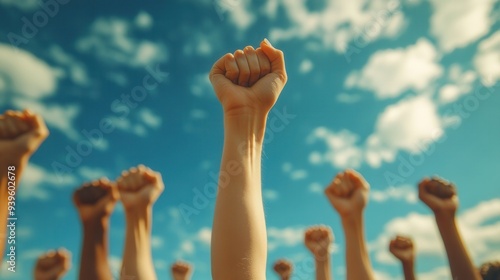 Raised arms, fists against sky, expressing opinion