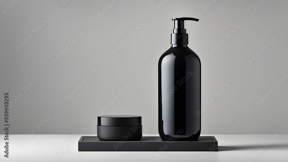 mockup of plain black shampoo bottle and wax cup neatly placed on a podium on a neutral background, Ai generated Images mockup of plain black shampoo bottle and wax cup neatly placed on a podium on a neutral background, Ai generated Images