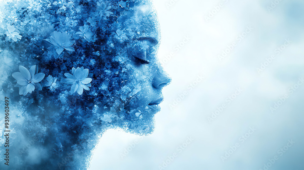 A blue and white abstract portrait of a woman with flowers growing from her head. Generated by AI. A blue and white abstract portrait of a woman with flowers growing from her head. Generated by AI.
