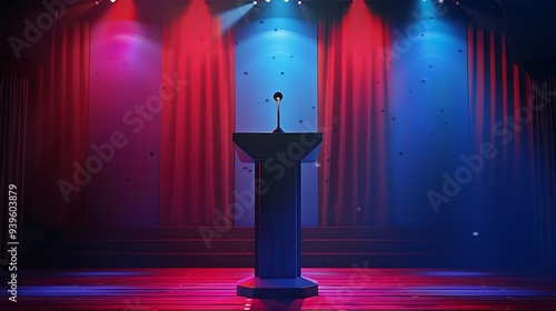 Podium on a stage with a microphone, set for a political debate or candidate's speech, capturing the essence of leadership and public discourse