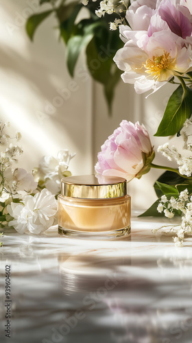 Luxurious skincare cream in gold capped jar surrounded by blooming flowers on sunlit marble surface evokes elegance radiance and purity in serene natural setting photo