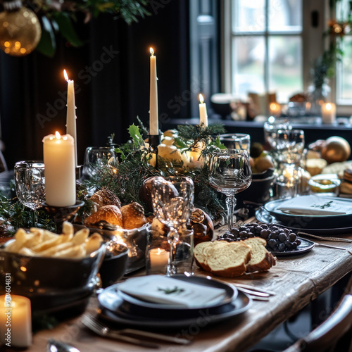 A festive dining table set for a holiday meal, with candles, seasonal decorations, and a delicious feast 