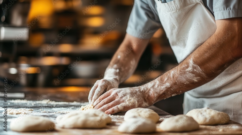 The chef in the kitchen grinding and kneading dough for baking. The chef in the kitchen grinding and kneading dough for baking.