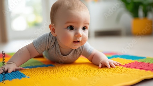 Adorable baby crawling on a colorful playmat in a bright and cheerful environment, showcasing early development and curiosity.