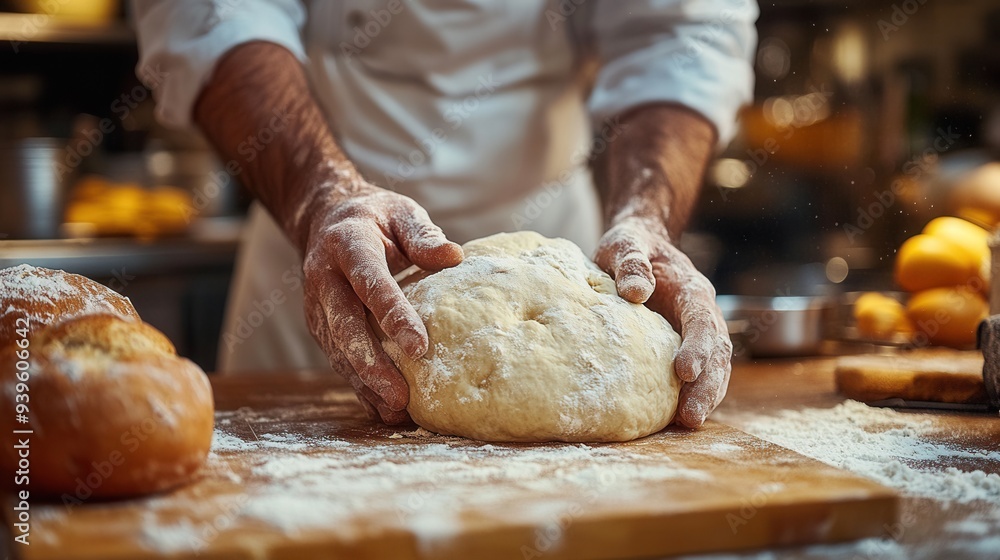 The cook kneads the dough in the kitchen, creating the base for the pastries. The cook kneads the dough in the kitchen, creating the base for the pastries.