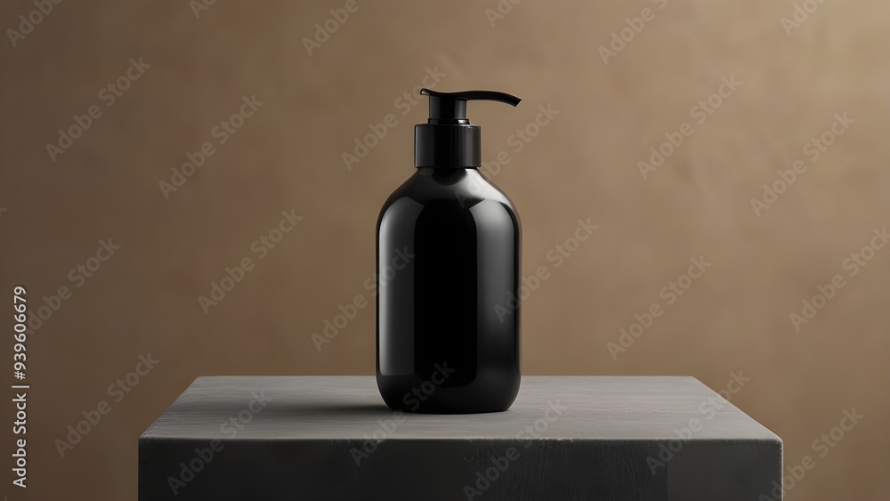 mockup of a plain black shampoo bottle neatly placed on a podium on a neutral background, Ai generated Images mockup of a plain black shampoo bottle neatly placed on a podium on a neutral background, Ai generated Images