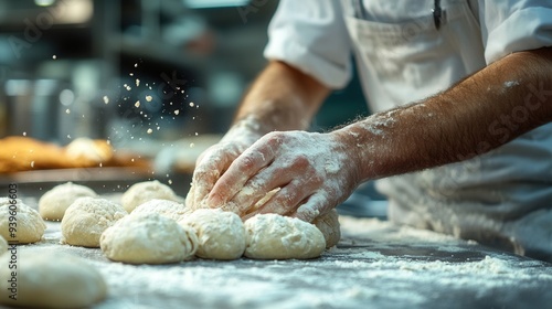 The cook grinds and mixes the dough during the cooking process.