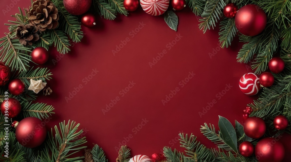 Classic Christmas Wreath Design Featuring Pine Sprigs, Baubles, and Ribbons on Red Backdrop Classic Christmas Wreath Design Featuring Pine Sprigs, Baubles, and Ribbons on Red Backdrop